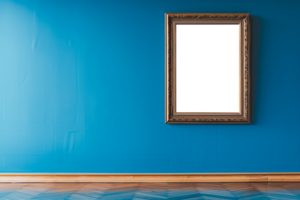 Blank wooden picture frame on blue wall transparent background png