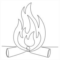 Continuous single line drawing of bonfire outline illustration and editable stroke vector