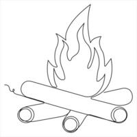 Continuous single line drawing of bonfire outline illustration and editable stroke vector