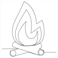 Continuous single line drawing of bonfire outline illustration and editable stroke vector