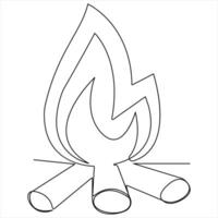 Continuous single line drawing of bonfire outline illustration and editable stroke vector