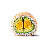 Breakfast sushi burrito a large sushi roll filled with rice eggs and avocado sliced in png