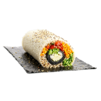 Quinoa sushi burrito colorful and tightly wrapped slicing apart with quinoa grains and vegetables spilling png