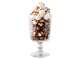 Ice cream scoop of rocky road with marshmallows and almonds in a transparent glass chunky png
