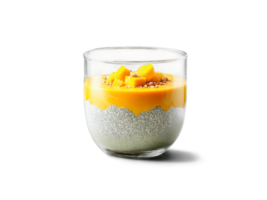 Vegan mango chia pudding with coconut milk and fresh mango cubes served in a transparent png