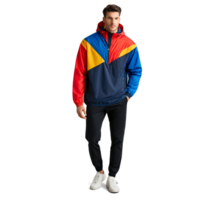 retro geïnspireerd kleur geblokkeerd windjak in primair kleuren met een voor de helft ritssluiting voorkant drijvend mockup png