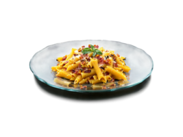 Autumn pasta penne with roasted squash and pancetta served on a transparent glass plate hearty png