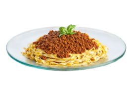 Tagliatelle Bolognese with a slow cooked meat sauce served on a transparent glass plate hearty png