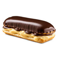Chocolate eclair with rich ganache coating elongated shape delicate pastry creamy filling Culinary and Food png