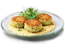 Gluten free crab cakes with remoulade sauce served on a transparent glass plate delicate png