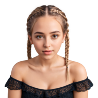 Young woman with a fishtail braid and a off shoulder top cute face widening eyes. Essence of diverse femininity. png