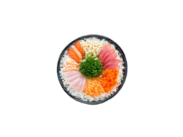 Chirashi Sushi A bowl of chirashi sushi with a colorful assortment of sashimi and vegetables png