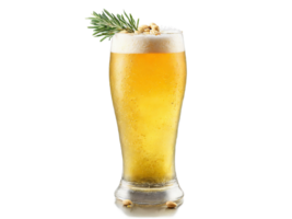 cerveza felicidad un escarchado cerveza vaso lleno con un dorado elaborar cerveza adornado con un rebanada png