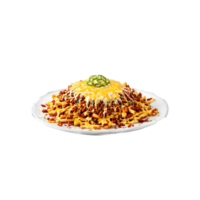 Chili cheese fries with melted cheese and chili steaming and airborne Food and culinary concept png