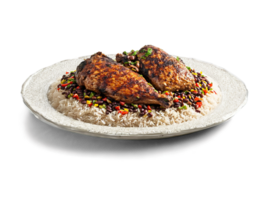 Jerk chicken spicy and grilled served with rice and beans on a transparent glass dish png