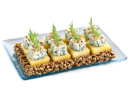 Canapes blue cheese and walnut with a slice of pear served on a transparent glass png