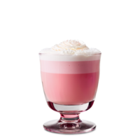 Rose latte in a clear glass cup with a beautiful pink color and a light png