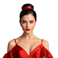 Red Dress A breathtaking woman with porcelain skin wearing a bold red dress her dark png