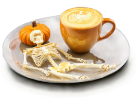 Halloween breakfast pumpkin spice latte and skeleton shaped pancakes served on a transparent glass dish png