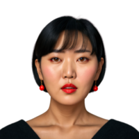 Middle aged East Asian woman with bob haircut and red earrings attractive face pleasing eyes. Essence of diverse femininity. png