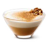 Toffee nut latte in a clear glass cup showcasing a warm caramel color and a png