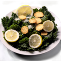 Kale caesar salad elements above prepared bowl massaged kale parmesan crisps and lemon wedges swishing png