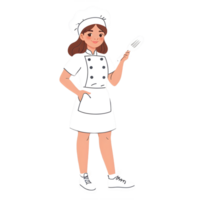 cocinero niña participación tenedor y cuchillo. ilustración en dibujos animados estilo png