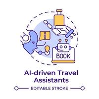 AI-driven travel assistants multi color concept icon. Virtual assistance. Technology integration in travelling. Round shape line illustration. Abstract idea. Graphic design. Easy to use in blog post vector