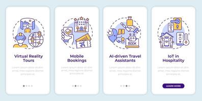 Technology Integration in traveling onboarding mobile app screen. Walkthrough 4 steps editable graphic instructions with linear concepts. UI, UX, GUI template vector