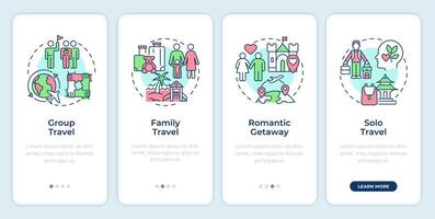 Travel types onboarding mobile app screen. Travel agency walkthrough 4 steps editable graphic instructions with linear concepts. UI, UX, GUI template vector