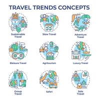 Travel trends multi color concept icons. Travel and hospitality industry. Mindful travel. Global tourism. Trip planning. Icon pack. Round shape illustrations. Abstract idea vector