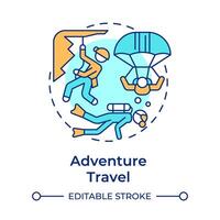 Adventure travel multi color concept icon. Trend in travelling. Extreme sports. Seeking new experience. Round shape line illustration. Abstract idea. Graphic design. Easy to use in blog post vector