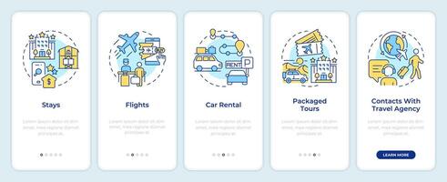 Travel services onboarding mobile app screen. Tourism walkthrough 5 steps editable graphic instructions with linear concepts. UI, UX, GUI template vector