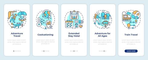 Trends in traveling onboarding mobile app screen. Walkthrough 5 steps editable graphic instructions with linear concepts. UI, UX, GUI template vector