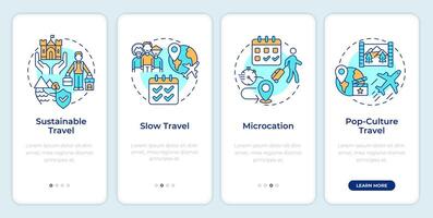 Travel trends onboarding mobile app screen. Tourism walkthrough 4 steps editable graphic instructions with linear concepts. UI, UX, GUI template vector