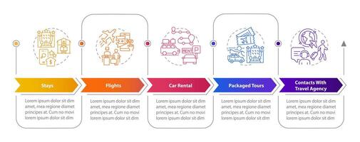 Travel services rectangle infographic template. Tourism. Data visualization with 5 steps. Editable timeline info chart. Workflow layout with line icons vector