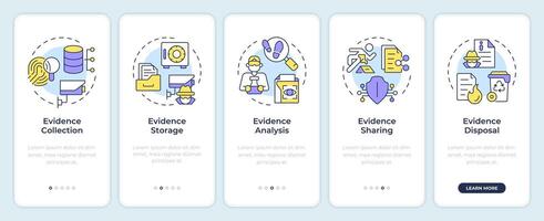 Evidence lifecycle onboarding mobile app screen. Walkthrough 5 steps editable graphic instructions with linear concepts. UI, UX, GUI template vector