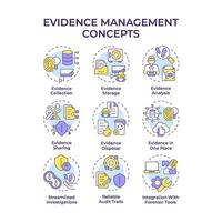 Evidence management multi color concept icons. Forensic analysis, judicial system. Technological advancement. Icon pack. Round shape illustrations for infographic. Abstract idea vector