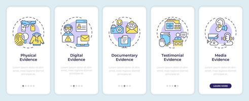 Evidence types onboarding mobile app screen. Digital forensics. Walkthrough 5 steps editable graphic instructions with linear concepts. UI, UX, GUI template vector
