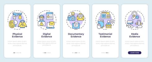 Evidence types onboarding mobile app screen. Digital forensics. Walkthrough 5 steps editable graphic instructions with linear concepts. UI, UX, GUI template vector