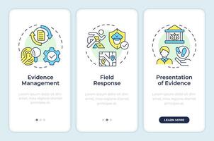 Legal evidence process onboarding mobile app screen. Walkthrough 3 steps editable graphic instructions with linear concepts. UI, UX, GUI template vector