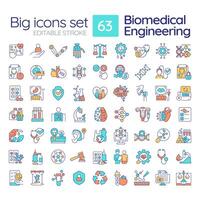 Biomedical engineering RGB color icons set. Biotechnology in healthcare. Bioethics. Medical equipment. Isolated illustrations. Simple filled line drawings collection. Editable stroke vector