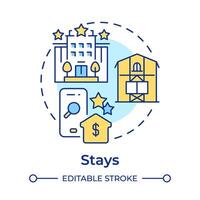 Stays multi color concept icon. Travel service. Online booking. Vacation rentals. Hospitality service. Round shape line illustration. Abstract idea. Graphic design. Easy to use in application vector