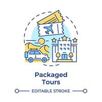 Packaged tours multi color concept icon. Travel service. Guided and organized tour. Adventure trip. Hotel stay. Round shape line illustration. Abstract idea. Graphic design. Easy to use in application vector