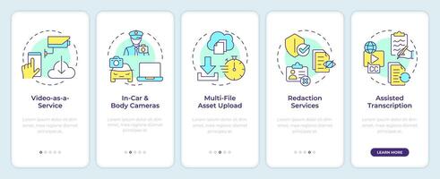 Crime evidence sources onboarding mobile app screen. Walkthrough 5 steps editable graphic instructions with linear concepts. UI, UX, GUI template vector