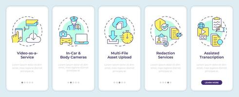 Crime evidence sources onboarding mobile app screen. Walkthrough 5 steps editable graphic instructions with linear concepts. UI, UX, GUI template vector