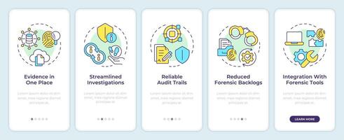 Digital evidence management onboarding mobile app screen. Walkthrough 5 steps editable graphic instructions with linear concepts. UI, UX, GUI template vector