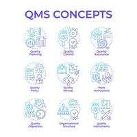 QMS blue gradient concept icons. Quality control, operational consistency. Business structure. Icon pack. Round shape illustrations for infographic, presentation. Abstract idea vector