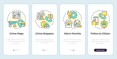 Crime prevention tools onboarding mobile app screen. Walkthrough 4 steps editable graphic instructions with linear concepts. UI, UX, GUI template vector