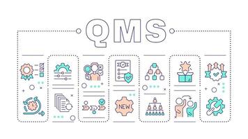 QMS word concept isolated on white. Quality management system. Company hierarchy, teamwork. Creative illustration banner surrounded by editable line colorful icons vector